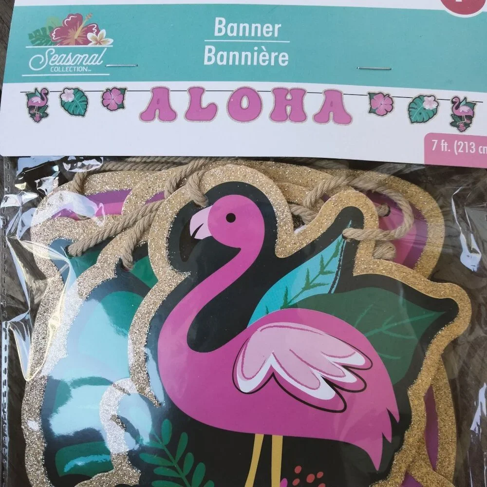 Aloha Flamingo Banner Party Decoration 7 ft Tropical Pink Gold Glitter